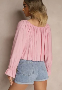 Różowa Krótka Koszula z Wiskozy Ozdobiona Falbankami Noviella