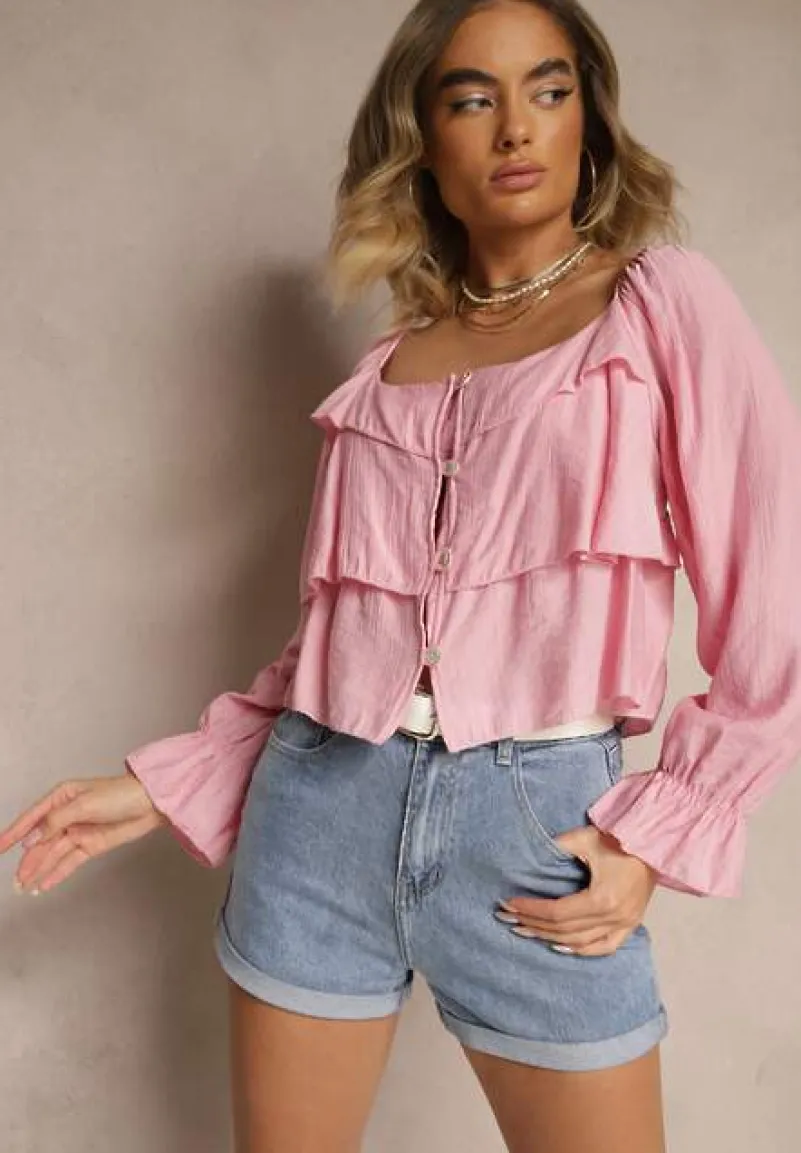 Różowa Krótka Koszula z Wiskozy Ozdobiona Falbankami Noviella