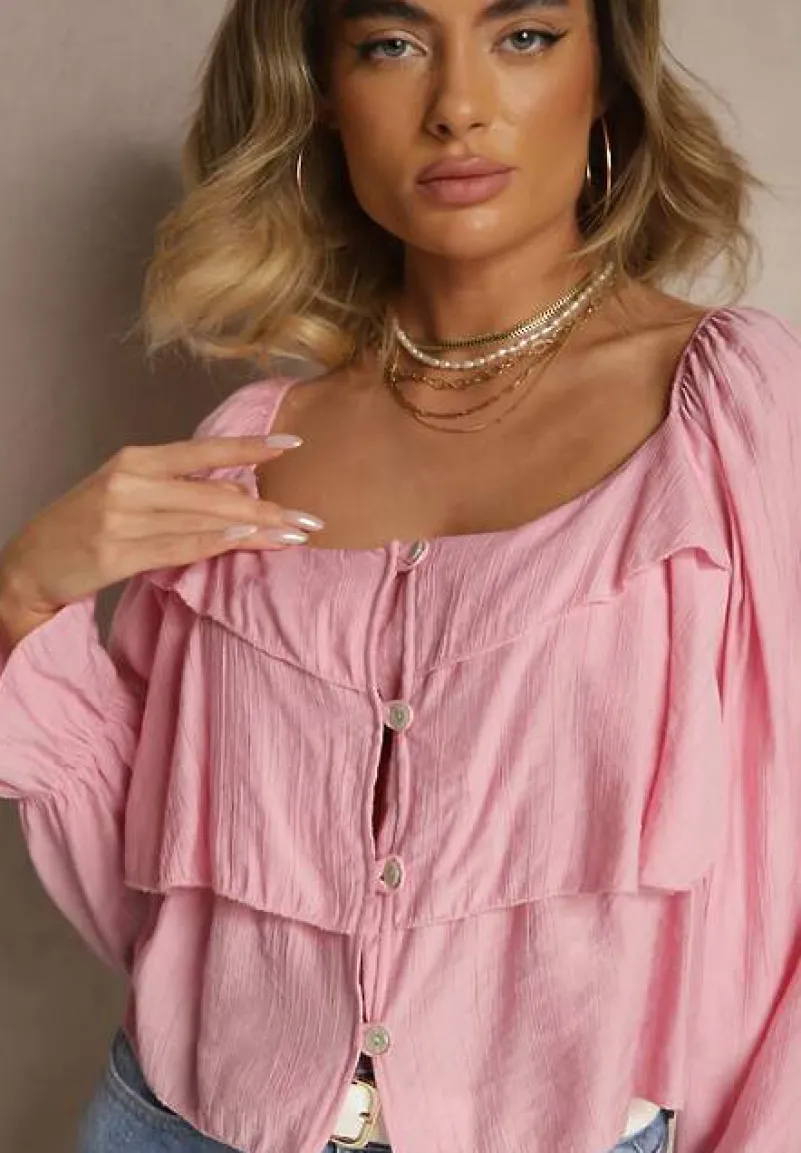 Różowa Krótka Koszula z Wiskozy Ozdobiona Falbankami Noviella