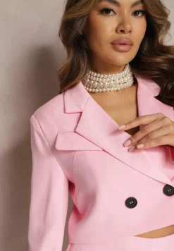 Różowa Krótka Marynarka Jednorzędowa z Klapami Afaria