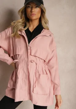 Różowa Kurtka o Fasonie Parki z Kapturem i Troczkiem Mevalla