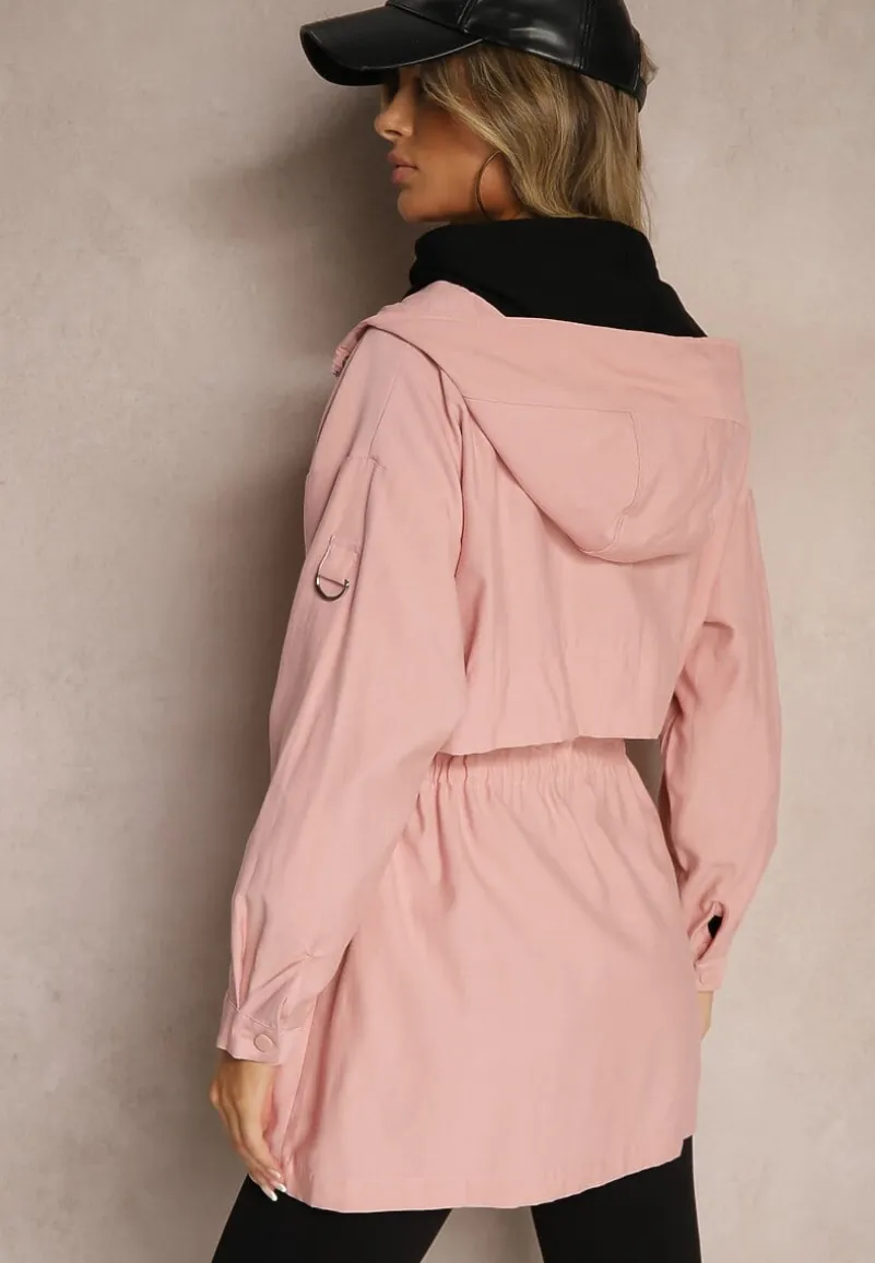 Różowa Kurtka o Fasonie Parki z Kapturem i Troczkiem Mevalla