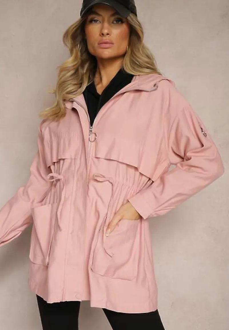 Różowa Kurtka o Fasonie Parki z Kapturem i Troczkiem Mevalla