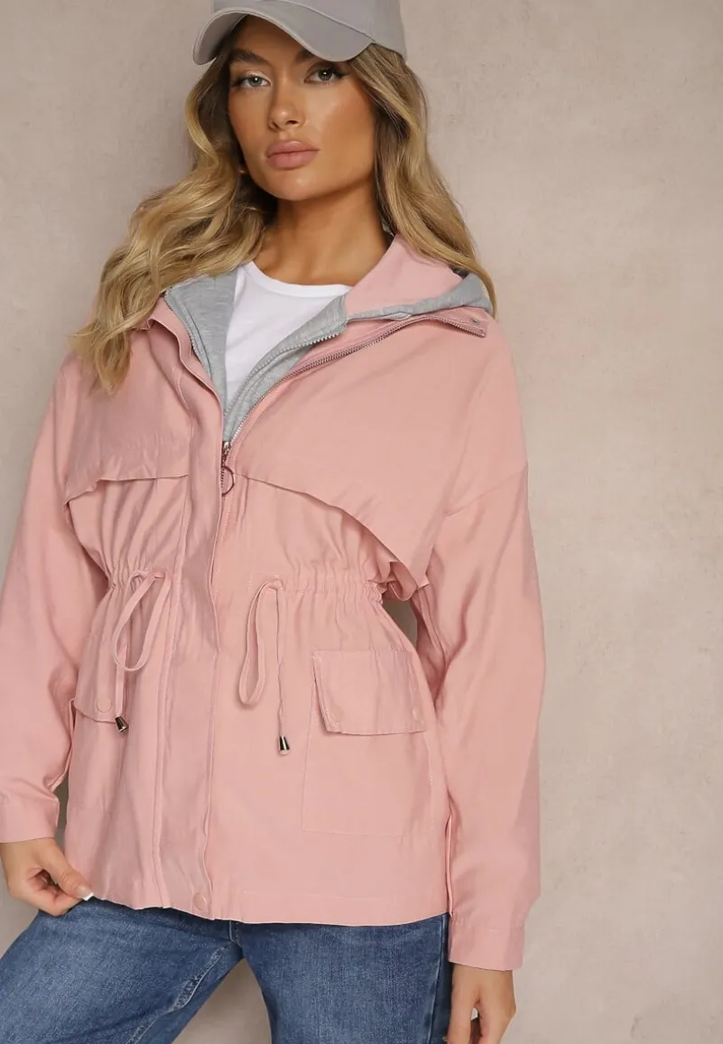 Różowa Kurtka Parka z Dodatkiem Bawełny Wykończona Troczkami Zapinana na Napy Velona