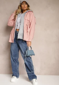 Różowa Kurtka Parka z Dodatkiem Bawełny Wykończona Troczkami Zapinana na Napy Velona