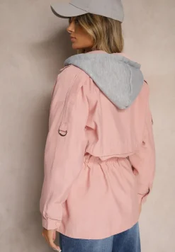 Różowa Kurtka Parka z Dodatkiem Bawełny Wykończona Troczkami Zapinana na Napy Velona