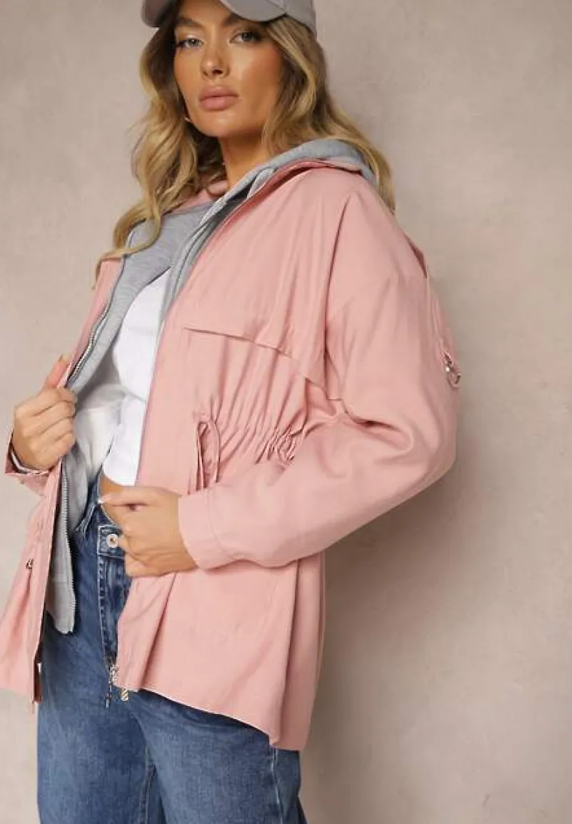 Różowa Kurtka Parka z Dodatkiem Bawełny Wykończona Troczkami Zapinana na Napy Velona