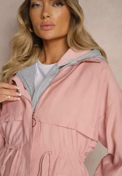 Różowa Kurtka Parka z Dodatkiem Bawełny Wykończona Troczkami Zapinana na Napy Velona