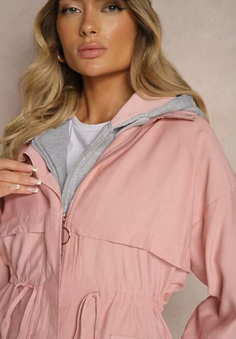 Różowa Kurtka Parka z Dodatkiem Bawełny Wykończona Troczkami Zapinana na Napy Velona