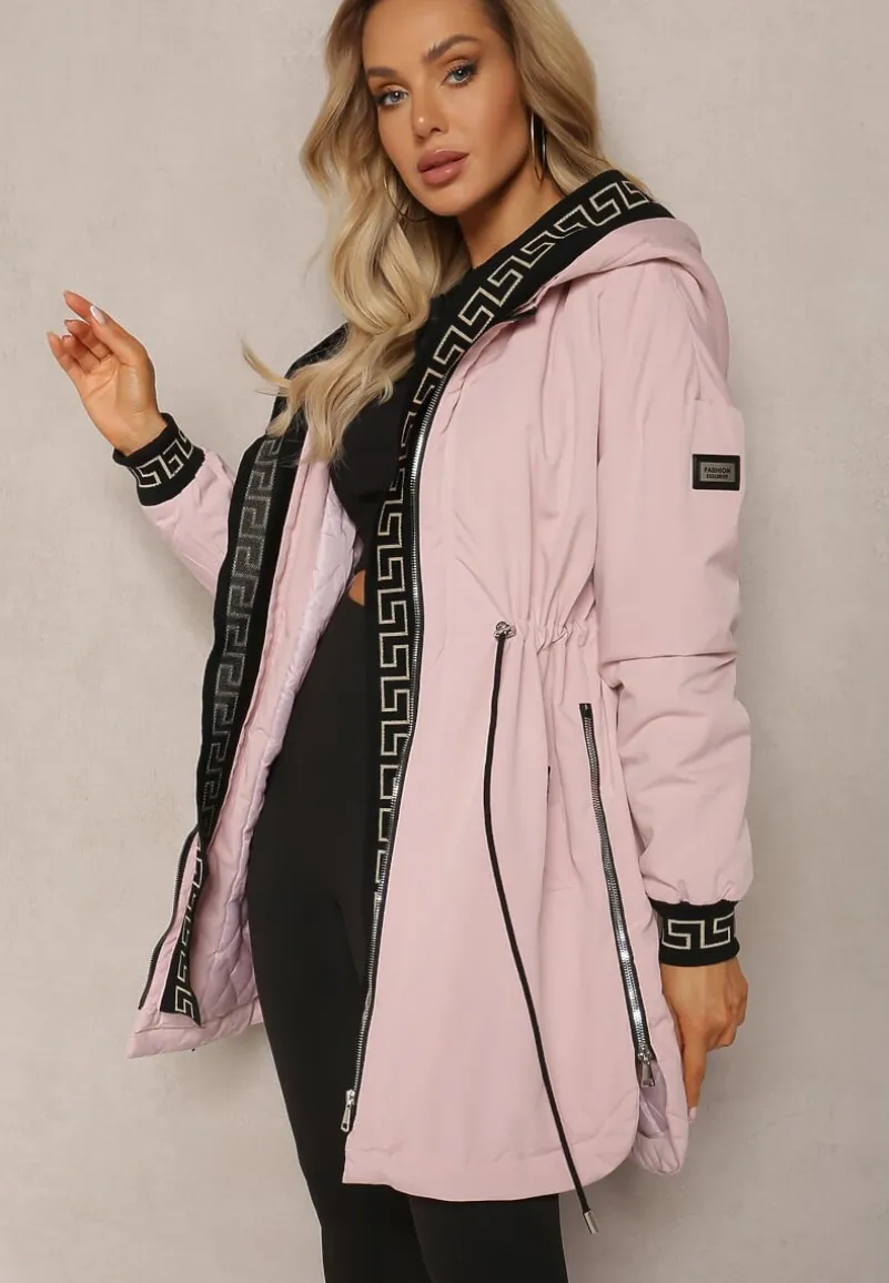 Różowa Kurtka Parka z Geometrycznym Wzorem na Kapturze i Rękawach Lidya