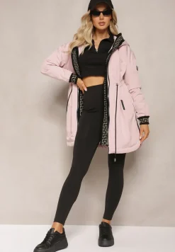 Różowa Kurtka Parka z Geometrycznym Wzorem na Kapturze i Rękawach Lidya