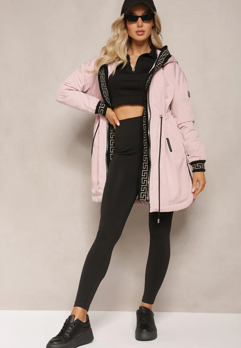 Różowa Kurtka Parka z Geometrycznym Wzorem na Kapturze i Rękawach Lidya