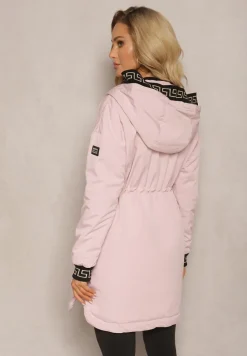 Różowa Kurtka Parka z Geometrycznym Wzorem na Kapturze i Rękawach Lidya