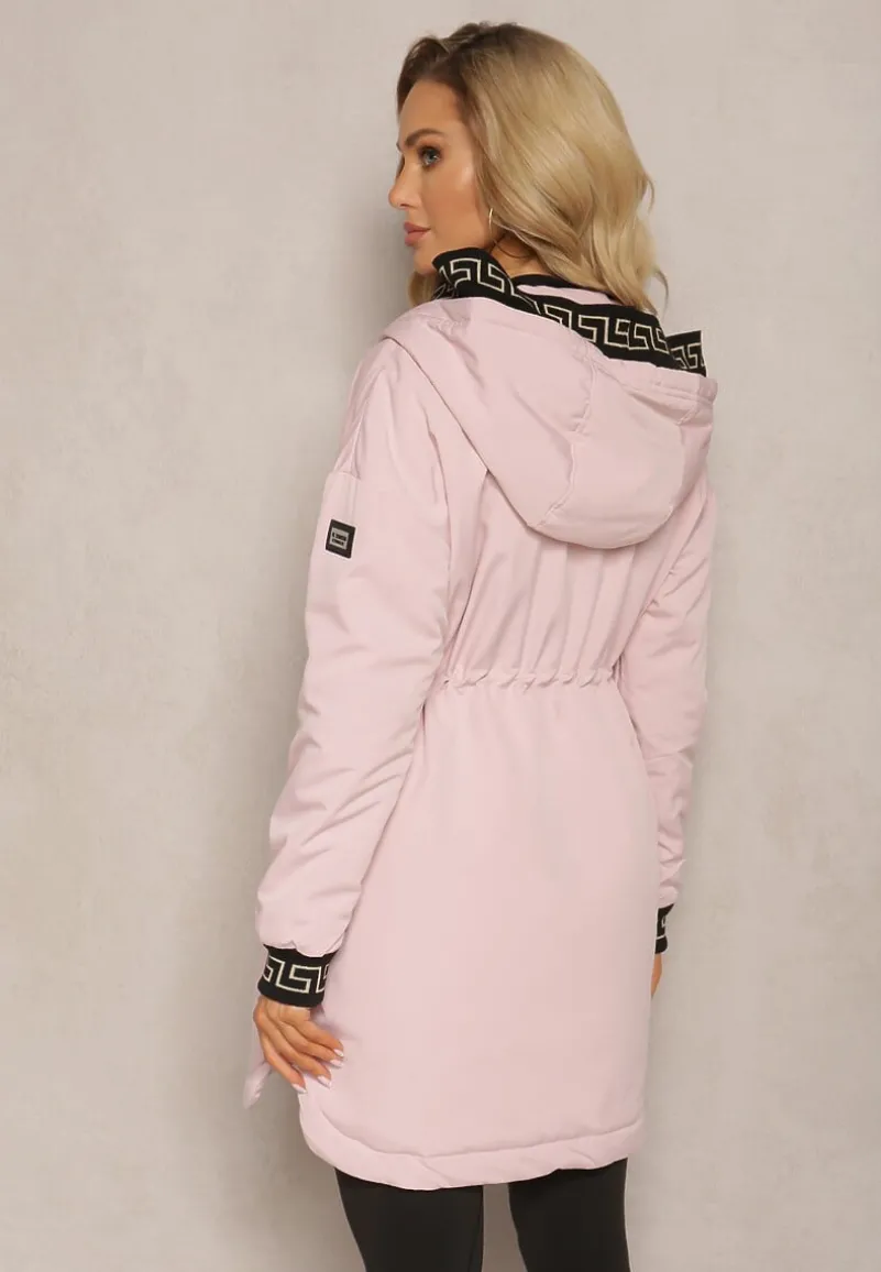 Różowa Kurtka Parka z Geometrycznym Wzorem na Kapturze i Rękawach Lidya