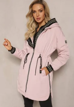 Różowa Kurtka Parka z Geometrycznym Wzorem na Kapturze i Rękawach Lidya