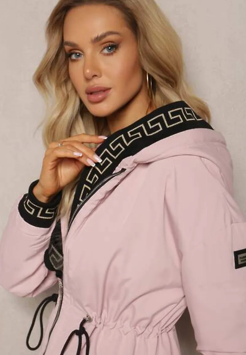 Różowa Kurtka Parka z Geometrycznym Wzorem na Kapturze i Rękawach Lidya