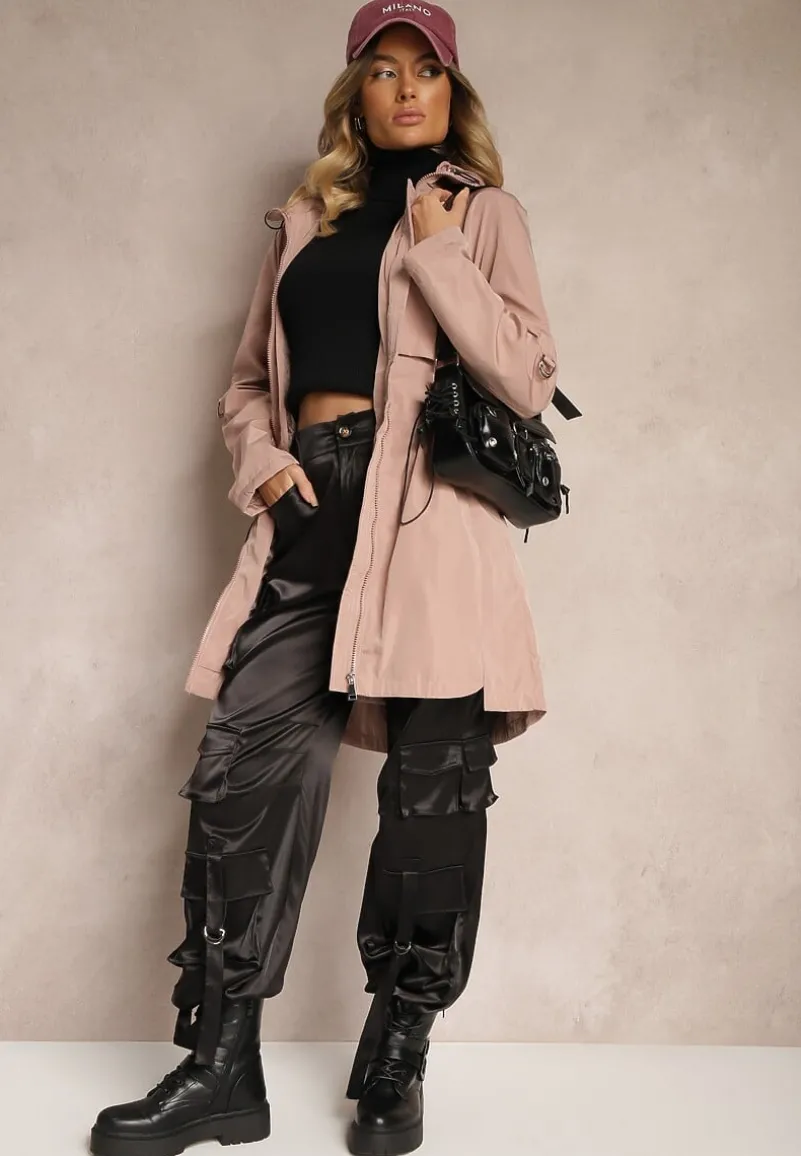 Różowa Kurtka Parka z Odpinanym Kapturem i Troczkiem w Talii Labiana