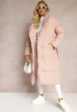 Różowa Kurtka Płaszcz z Wysokim Kołnierzem Zapinana na Napy z Paskiem Luliriva