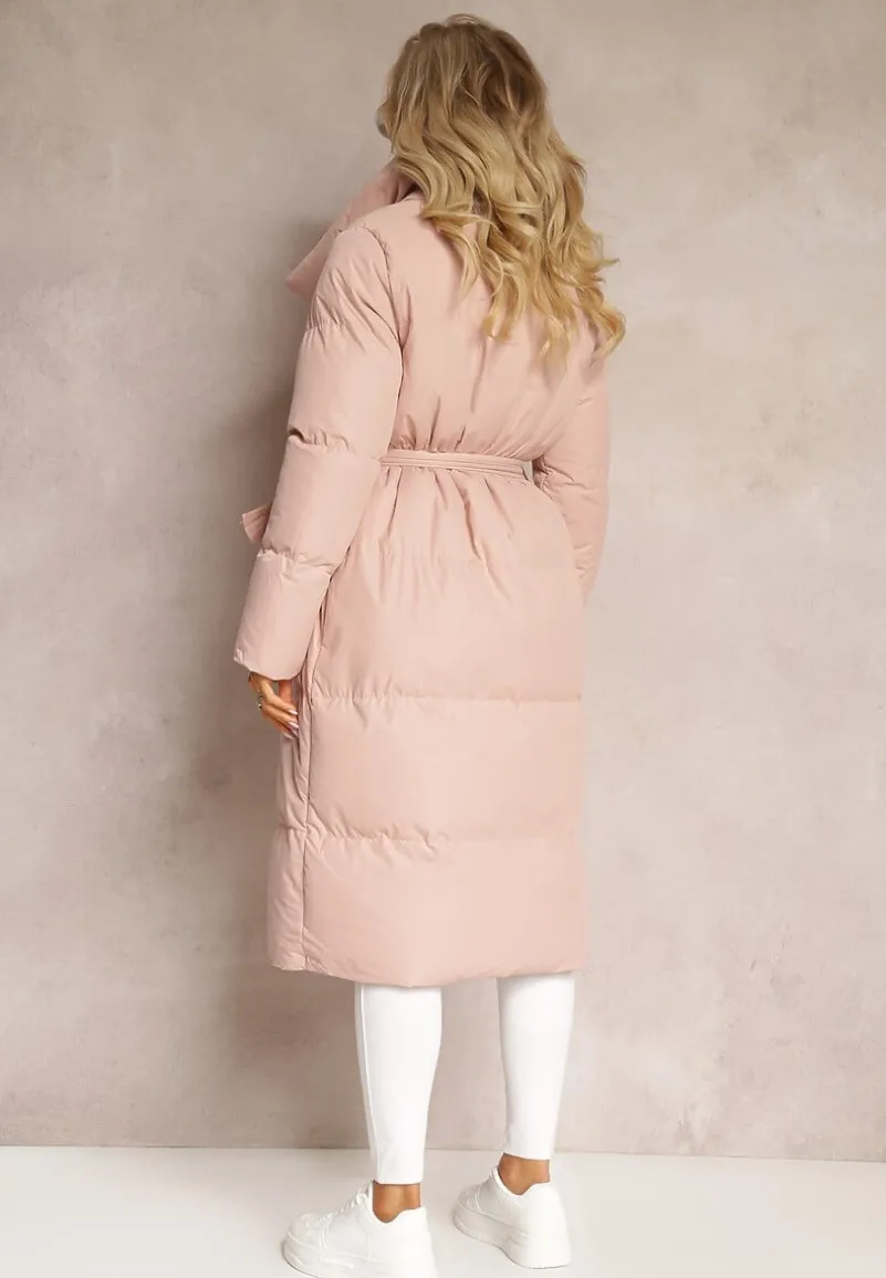 Różowa Kurtka Płaszcz z Wysokim Kołnierzem Zapinana na Napy z Paskiem Luliriva
