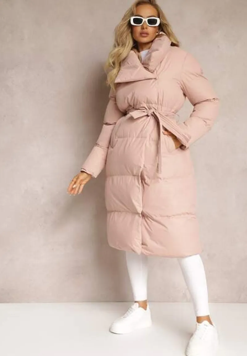 Różowa Kurtka Płaszcz z Wysokim Kołnierzem Zapinana na Napy z Paskiem Luliriva