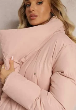 Różowa Kurtka Płaszcz z Wysokim Kołnierzem Zapinana na Napy z Paskiem Luliriva
