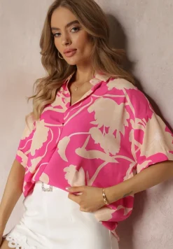 Różowa Kwiecista Bluzka z Krótkimi Rękawami Andresa