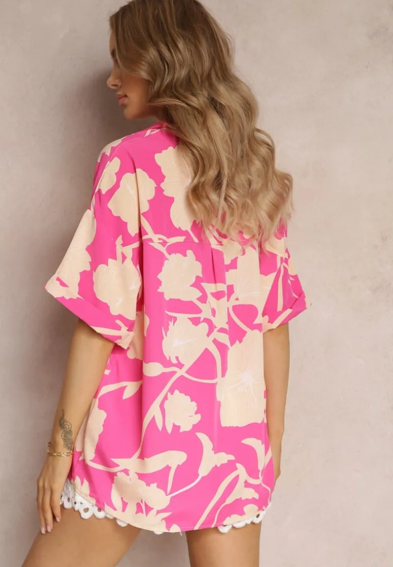 Różowa Kwiecista Bluzka z Krótkimi Rękawami Andresa