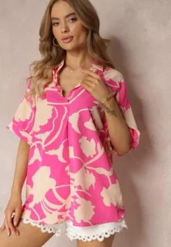 Różowa Kwiecista Bluzka z Krótkimi Rękawami Andresa