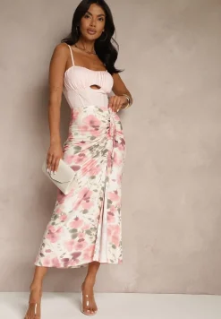 Różowa Marszczona Spódnica Kwiatowa Ozdobiona Rozcięciem na Nogę Ateralene