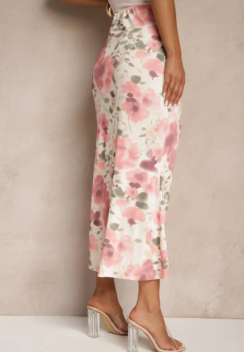 Różowa Marszczona Spódnica Kwiatowa Ozdobiona Rozcięciem na Nogę Ateralene