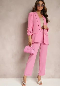 Różowa Marynarka Niezapinana z Marszczonymi Rękawami Orolea