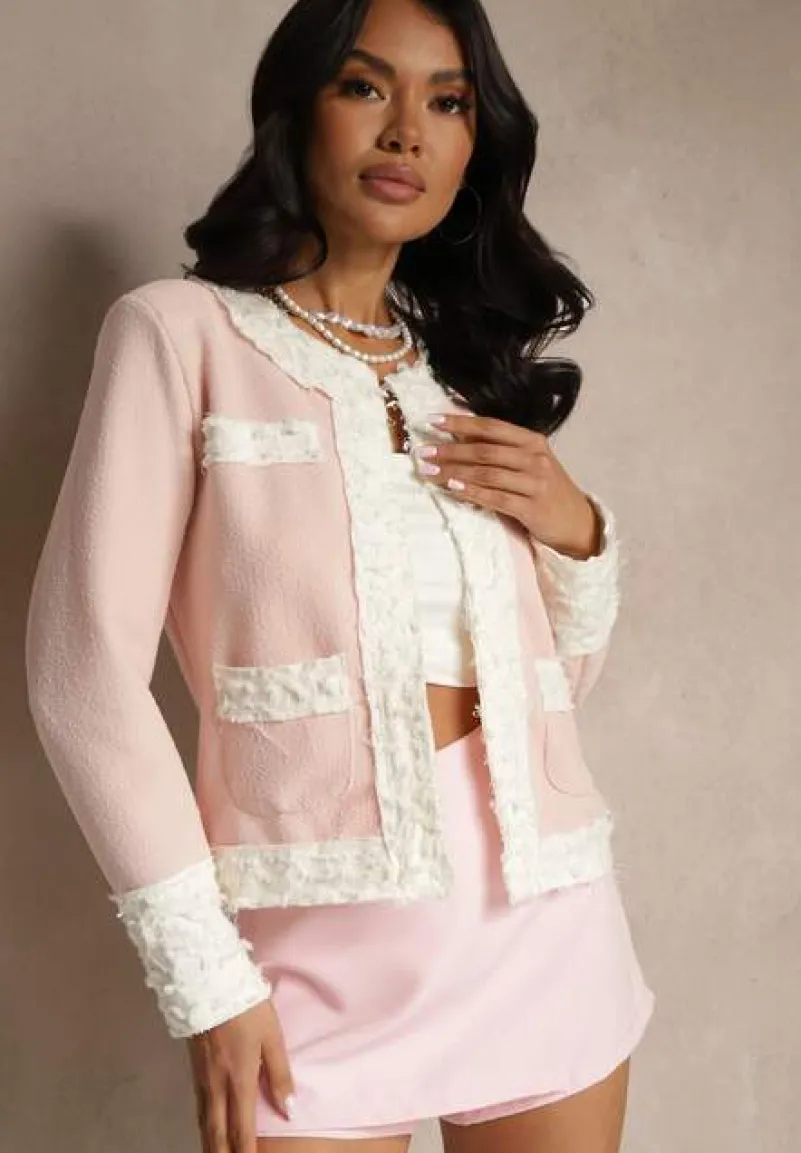 Różowa Marynarka o Pudełkowym Kroju z Tłoczonymi Zdobieniami Ranolea