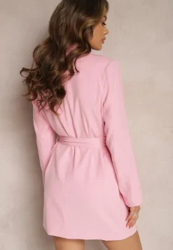 Różowa Marynarka Sukienka z Paskiem w Talii Dwurzędowa z Poduszkami w Ramionach Noreana