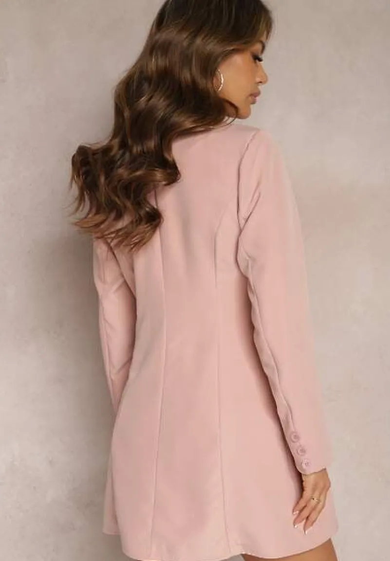 Różowa Marynarka Sukienka z Aplikacjami 3D w Kształcie Kwiatów i Zapięciem na Guziki Lorira