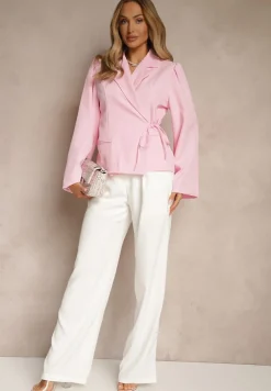 Różowa Marynarka z Rozszerzanymi Rękawami Zdobiona Wiązaniem z Boku Sanivera