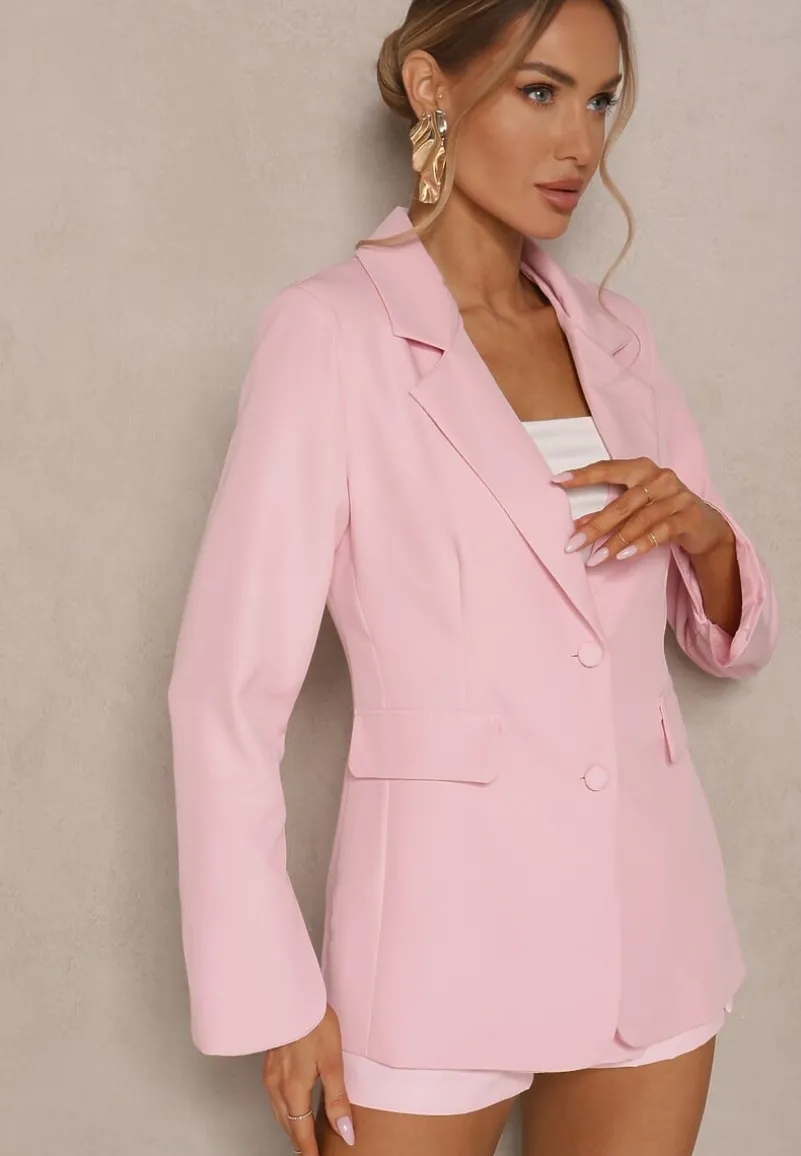 Różowa Marynarka z Usztywnionymi Ramionami i Imitacją Kieszeni Halonia