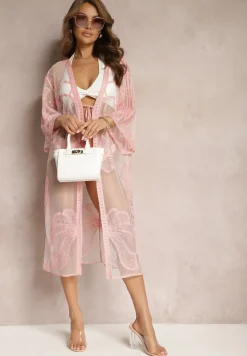 Różowa Narzutka Tunika Haftowana Wiązana na Przodzie Nerulla