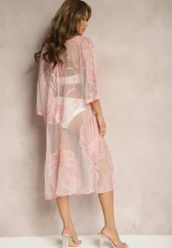 Różowa Narzutka Tunika Haftowana Wiązana na Przodzie Nerulla