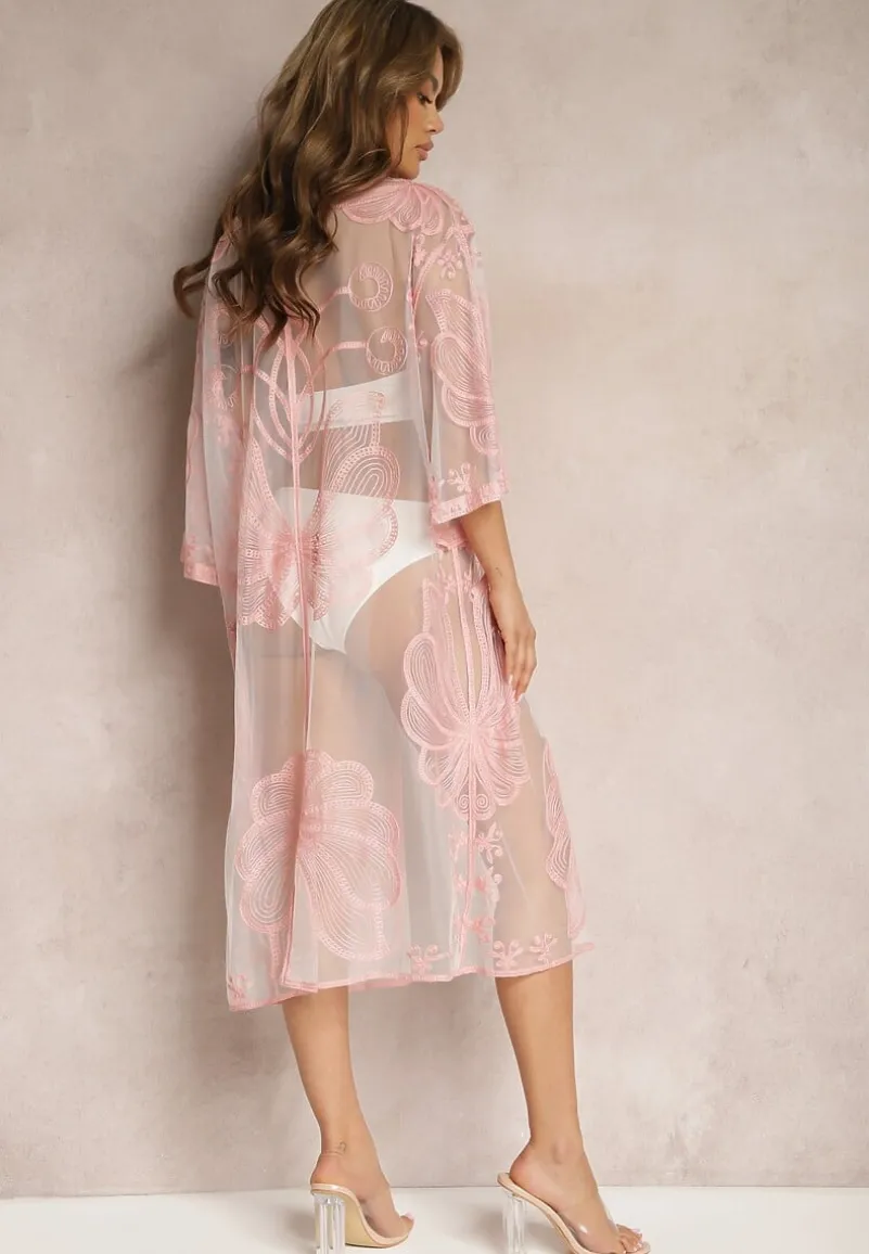 Różowa Narzutka Tunika Haftowana Wiązana na Przodzie Nerulla