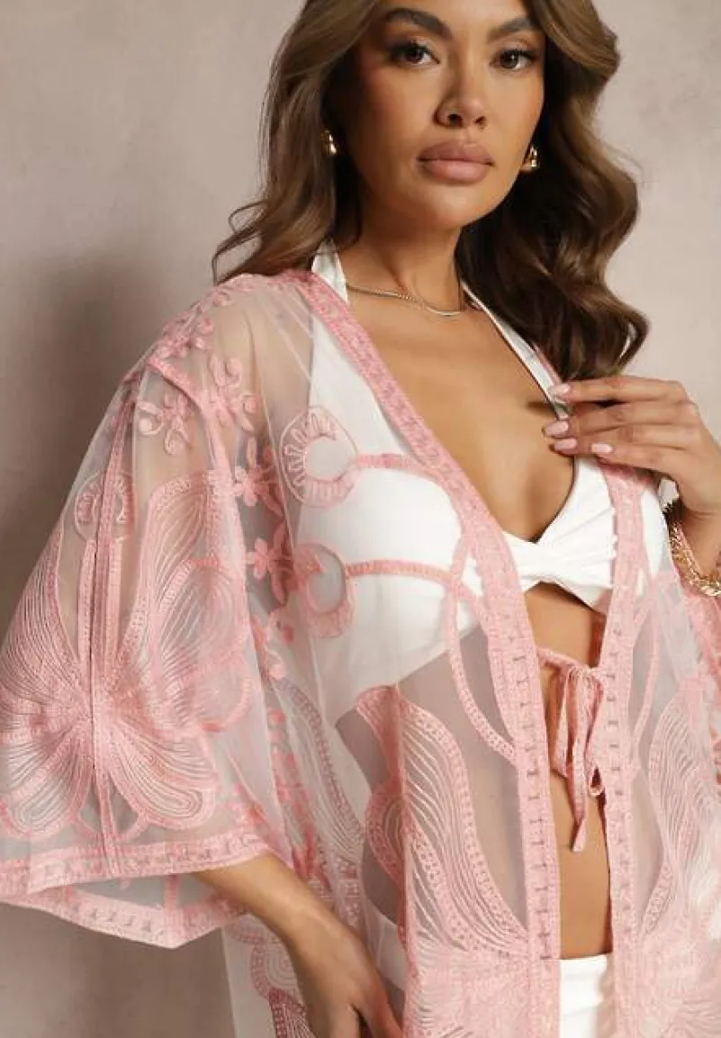 Różowa Narzutka Tunika Haftowana Wiązana na Przodzie Nerulla