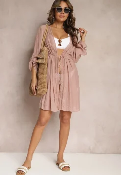 Różowa Narzutka w Plażowym Stylu Wiązana na Sznurek z Chwostem Junivatta