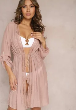 Różowa Narzutka w Plażowym Stylu Wiązana na Sznurek z Chwostem Junivatta