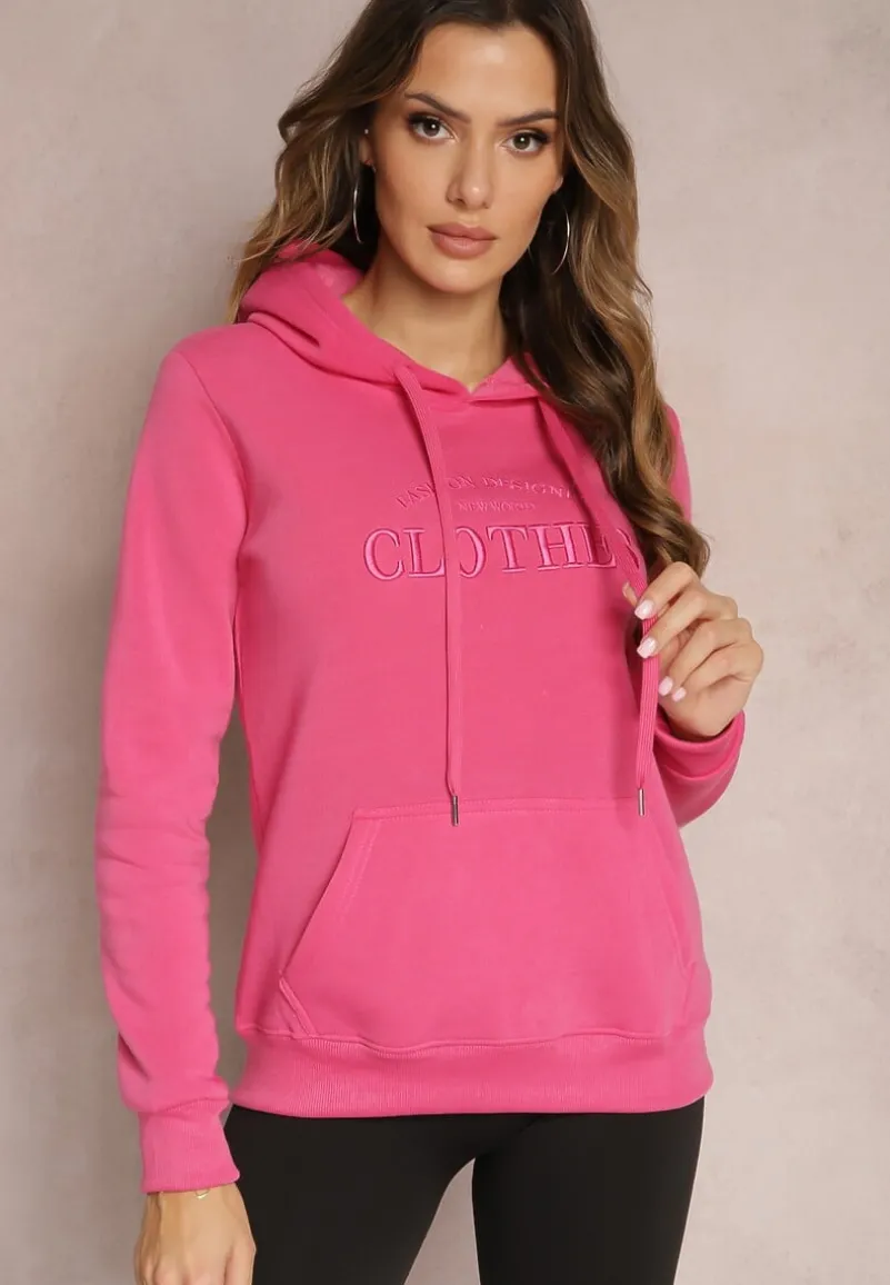 Różowa Ocieplana Bluza z Haftem i Kapturem Ieliana