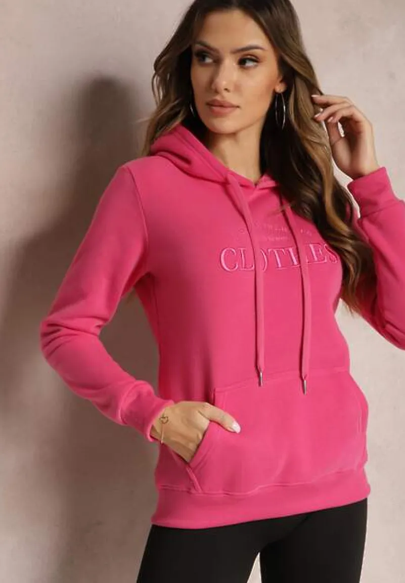 Różowa Ocieplana Bluza z Haftem i Kapturem Ieliana