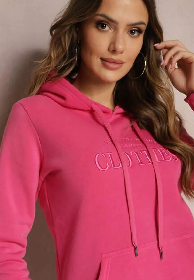 Różowa Ocieplana Bluza z Haftem i Kapturem Ieliana