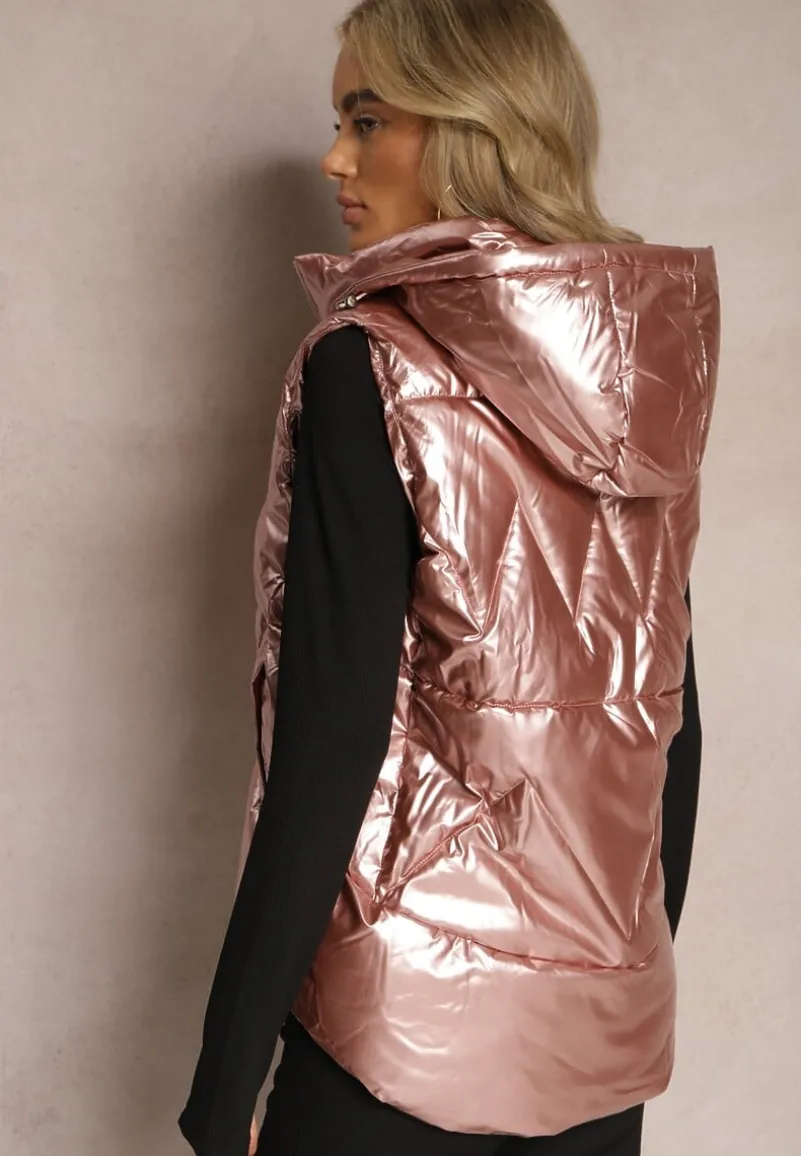Różowa Pikowana Kamizelka Bezrękawnik z Kapturem i Kieszeniami na Napy Kamilin