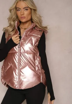 Różowa Pikowana Kamizelka Bezrękawnik z Kapturem i Kieszeniami na Napy Kamilin