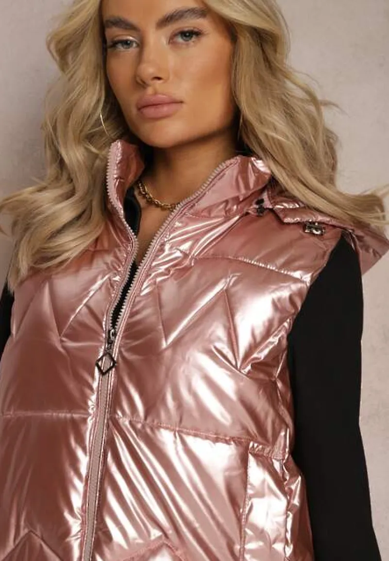 Różowa Pikowana Kamizelka Bezrękawnik z Kapturem i Kieszeniami na Napy Kamilin