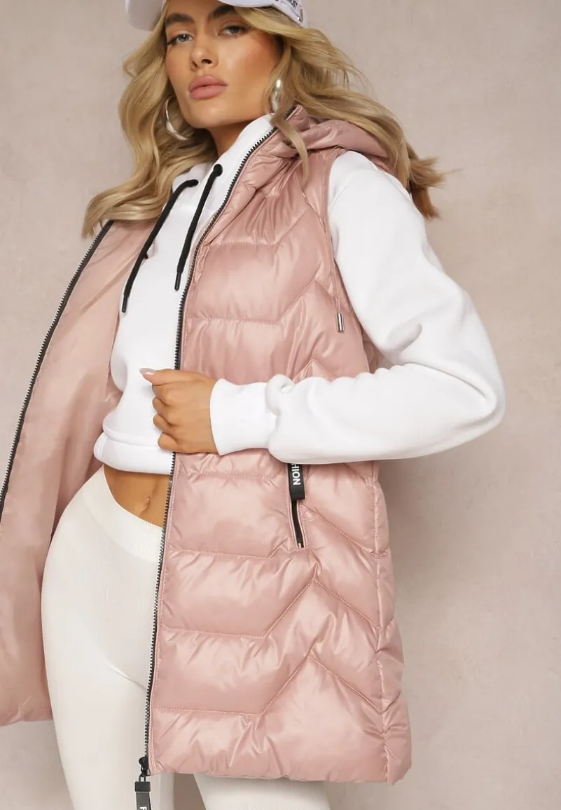 Różowa Pikowana Kamizelka Długa z Kapturem Odpinanym Raelliana