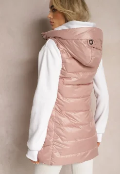 Różowa Pikowana Kamizelka Długa z Kapturem Odpinanym Raelliana